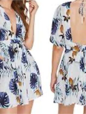 Tropical Floral V-Neck Mini Dress in White and Navy